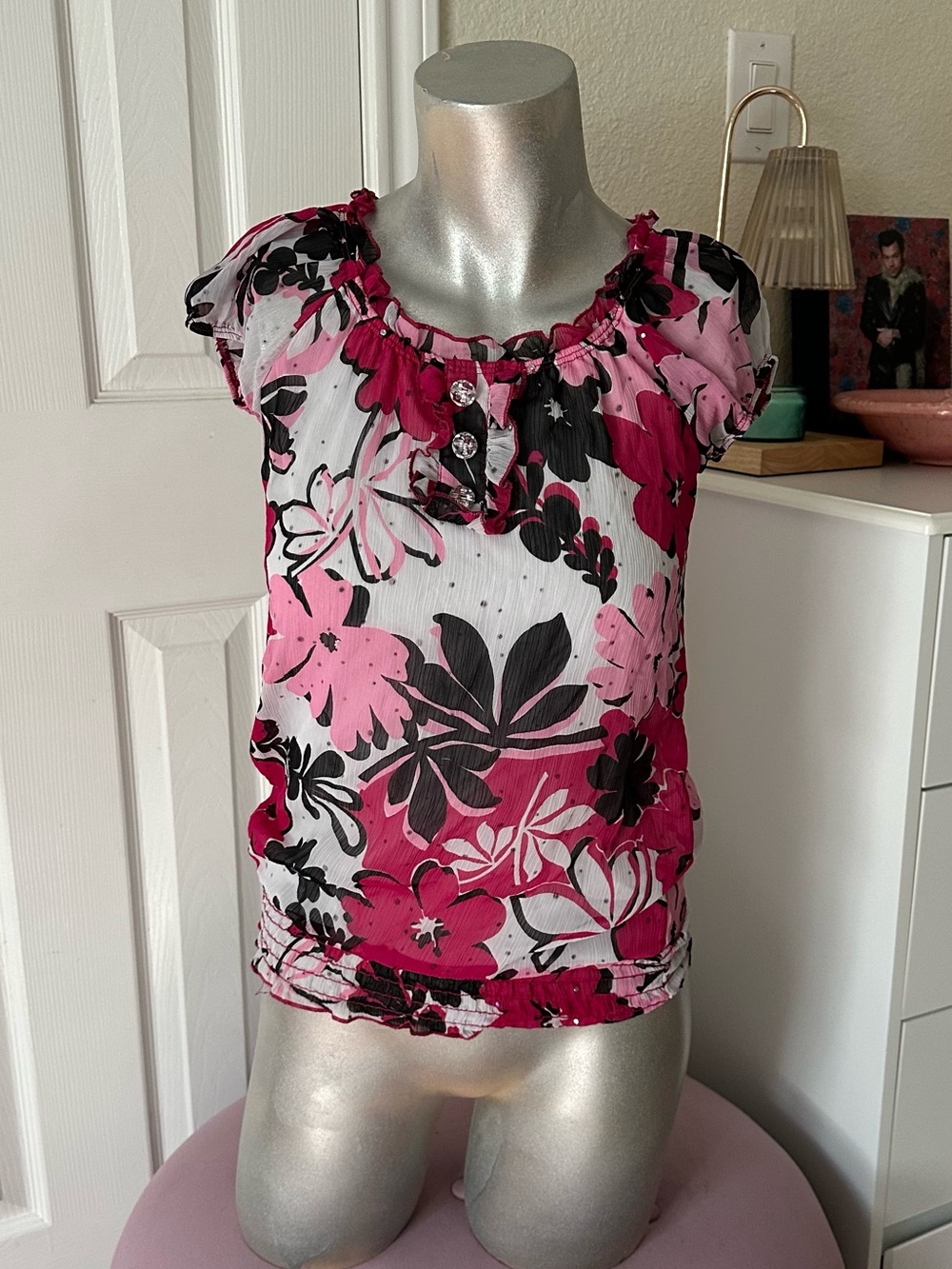 Vintage Girlcode Pink Black & White Sequin Floral Pattern Ruffle Trim Top